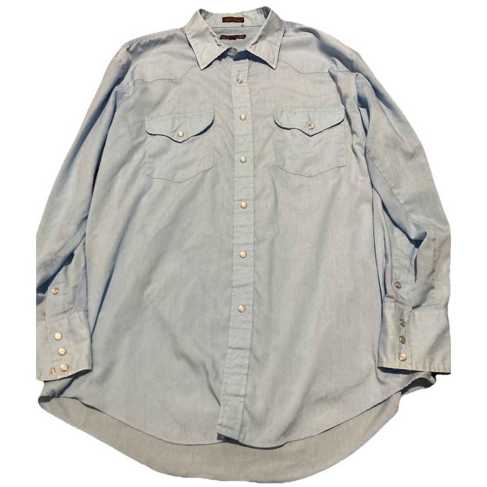 Vintage Sheplers Western Shirt Men 16.5/33 Light Blue Pearl Snap USA